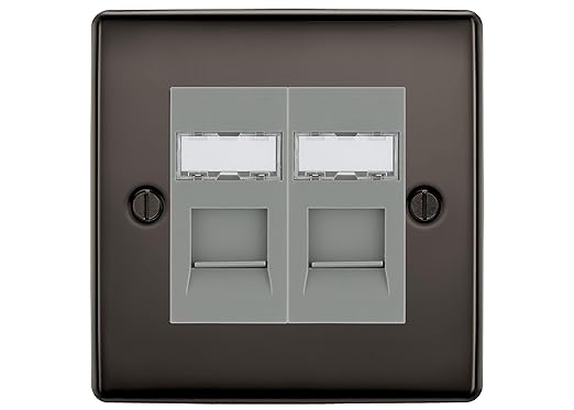 BG Nexus Metal Black Nickel 2 Gang RJ45 Data Socket NBNRJ452G Grey Inserts