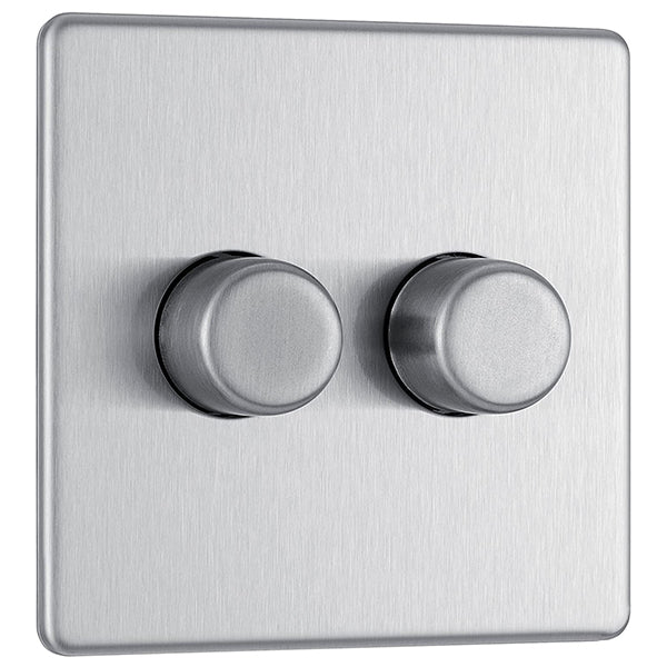 BG FBS82P Flatplate Screwless 2 Gang, 2 Way, 400w Brushed Steel Dimmer Switches