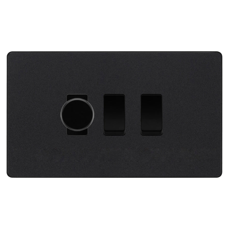 BG Evolve Matt Black 3 Gang Light Switch 1x Trailing Edge LED Dimmer 2x 2 Way Custom Switch