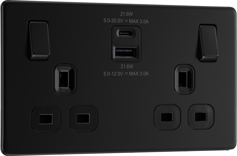 BG Screwless FFB22UAC22B Matt Black Double Socket with USB 22W Type A & C USB