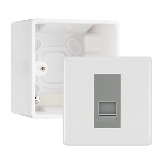 BG White Moulded Single RJ11 Telephone Socket Euro Module with 50mm Back Box - Grey Insert