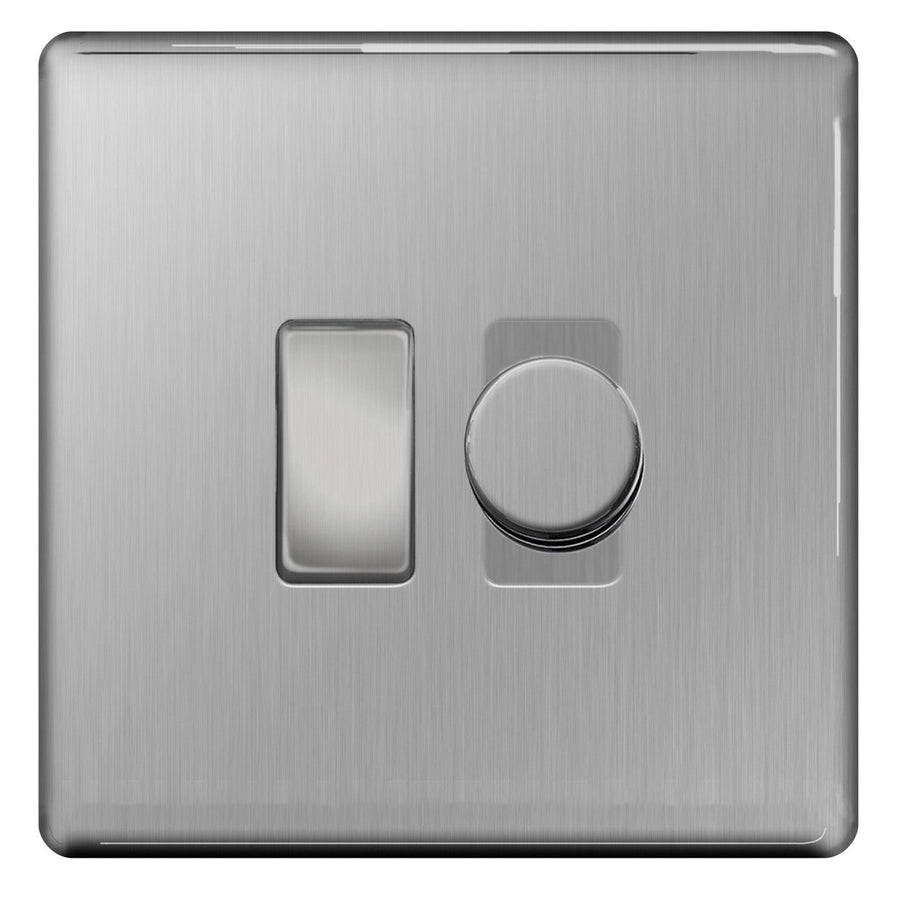 BG Brushed Steel Screwless Flat Plate 2 Gang Light Switch 1x Trailing Edge LED Dimmer 1x 2 Way Custom Switch