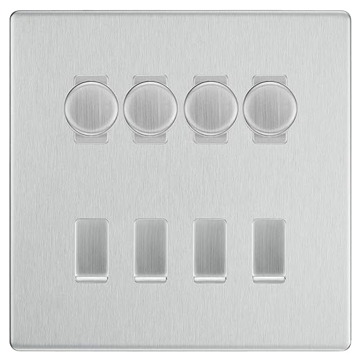 BG Screwless Brushed Steel 8 Gang Switch 4x Trailing Edge LED Dimmer, 2x Intermediate, 2x 2-Way Switch