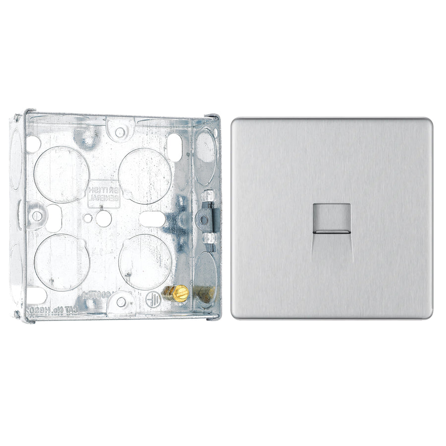 BG Screwless Brushed Steel Single Slave Telephone Socket FBSBTS1 with 25mm Steel Back Box