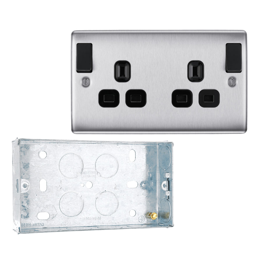 BG Nexus Brushed Steel 13A 2G DP Outboard Switched Socket NBS22DPOBB with 25mm Steel Back Box
