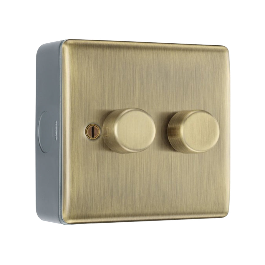 BG Nexus Antique Brass 200W 2 Way Trailing Edge Double Dimmer Switch with Surface Pattress Back Box