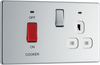 FPC70W Front - This 45A cooker control unit from British General includes a 13A socket for an additional appliance outlet and has flush LED indicators above the socket and switch.