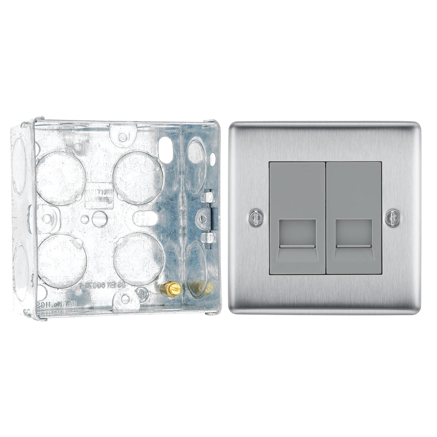 BG Nexus Brushed Steel 2 Gang RJ11 Double Data Outlet NBSRJ112 with 35mm Steel Back Box