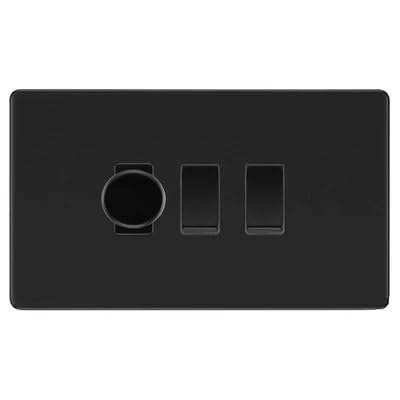 BG Screwless Matt Black 3 Gang Light Switch Grid – 1x Trailing-Edge LED Dimmer, 1x Intermediate, 1x 2-Way Switch