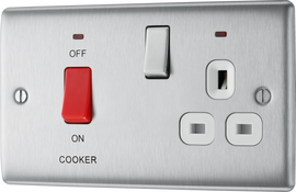 BG NBS70W Nexus Metal Brushed Steel 45A 2 Pole Cooker Switch 13A Neon Switched Socket - White Insert