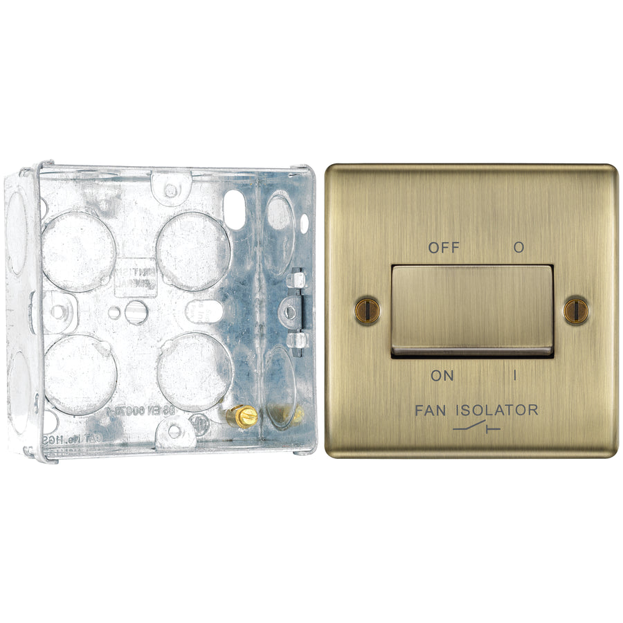 BG Nexus Antique Brass 10A Triple Pole Fan Isolator Switch NAB15 with 35mm Steel Back Box