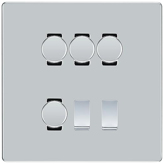 BG Screwless Polished Chrome 6 Gang Light Switch 4x Trailing Edge LED Dimmer, 1x Intermediate, 1x 2-Way Switch