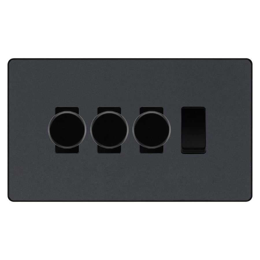 BG Evolve Matt Grey 4 Gang Light Switch 3x Trailing Edge LED Dimmer 1x 2 Way Custom Switch