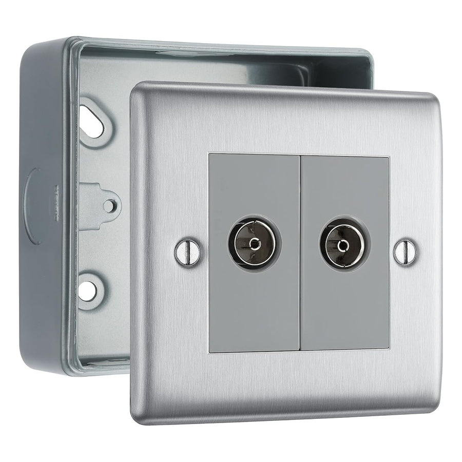 BG Nexus Metal Brushed Steel 2 Gang Co-Axial Socket & Surface Pattress Back Box