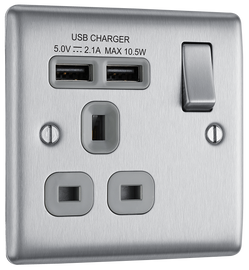 BG NBS21U2G Nexus Metal Brushed Steel 1 Gang 13A 2x USB-A 2.1A Switched Socket - Grey Insert