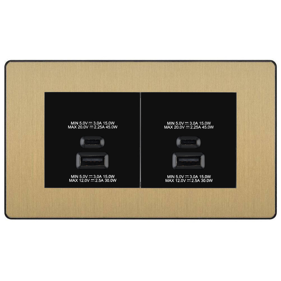 BG Evolve Satin Brass 4G Faceplate with 45W USB A+C Charger Modules – Black Insert