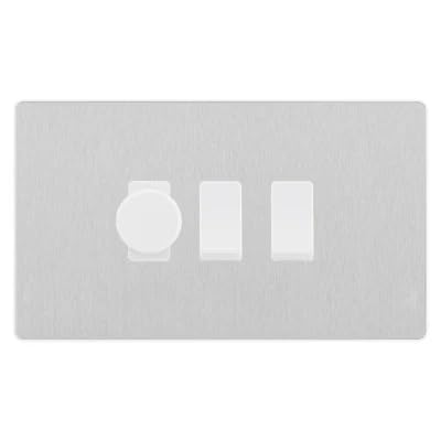 BG Evolve Brushed Steel 3 Gang Light Switch Grid – 1x Trailing-Edge LED Dimmer, 1x Intermediate, 1x 2-Way Switch