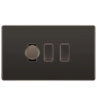 BG Screwless Black Nickel 3 Gang Light Switch Grid – 1x Trailing-Edge LED Dimmer, 1x Intermediate, 1x 2-Way Switch