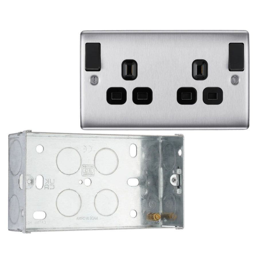 BG Nexus Brushed Steel 13A 2G DP Outboard Switched Socket NBS22DPOBB with 35mm Steel Back Box