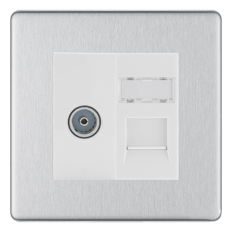 BG Screwless Brushed Steel TV Aerial & RJ45 CAT6 Data Socket - White Insert