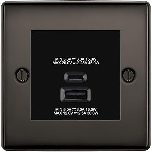 BG Nexus Black Nickel 45W USB Wall Socket Euro Module USB-A & C - Black Insert