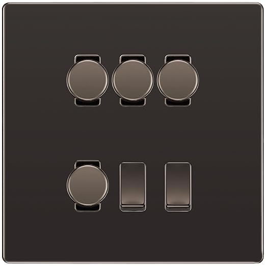 BG Screwless Black Nickel 6 Gang Light Switch 4x Trailing Edge LED Dimmer, 1x Intermediate, 1x 2-Way Switch