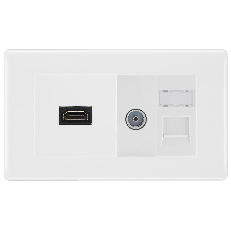 BG Nexus White Moulded Media Wall Plate TV Aerial, HDMI & CAT6 Outlet - White Insert