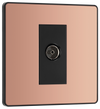 PCDCP60B Front - This Evolve Polished Copper single coaxial socket from British General can be used for TV or FM aerial connections. This socket has a low profile screwless flat plate that clips on and off, making it ideal for modern interiors.