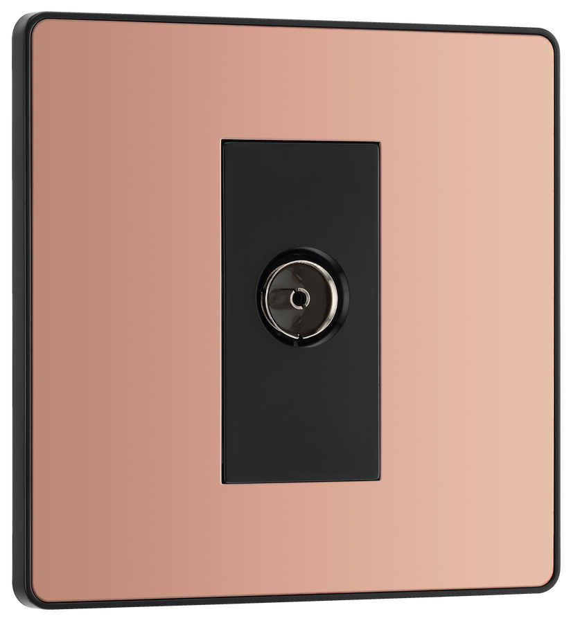 PCDCP60B Front - This Evolve Polished Copper single coaxial socket from British General can be used for TV or FM aerial connections. This socket has a low profile screwless flat plate that clips on and off, making it ideal for modern interiors.