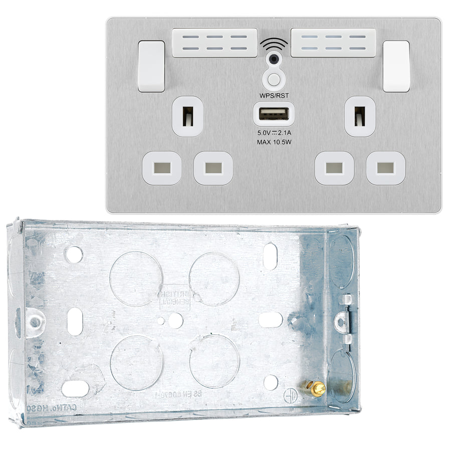 BG Evolve Brushed Steel 13A 1x USB-A 2.1A Wi-FI Extender Switched Socket Outlet PCDBS22UWRW with 25mm Steel Back Box