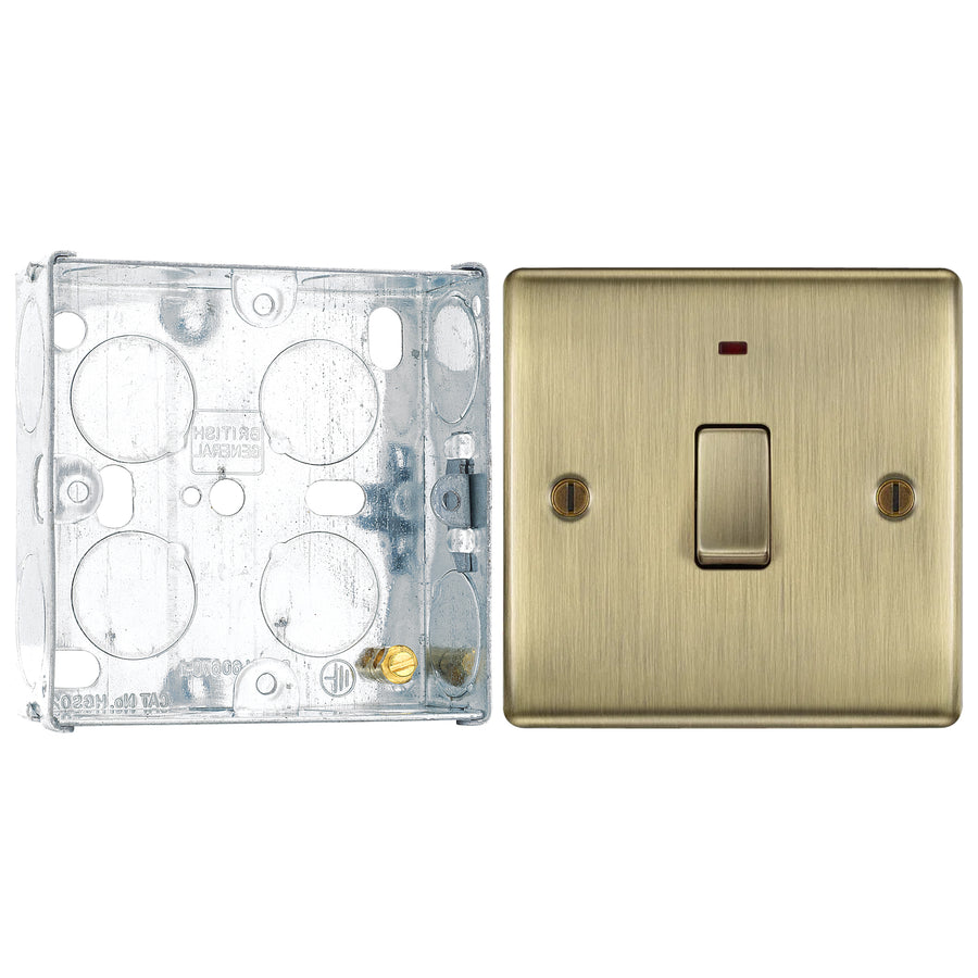 BG Nexus Antique Brass 20A Double Pole Neon Switch NAB31 with 25mm Steel Back Box
