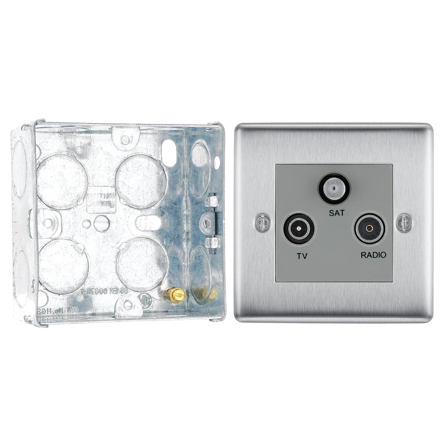 BG Nexus Brushed Steel Triplex TV/FM/Sat Socket NBS67 with 35mm Steel Back Box