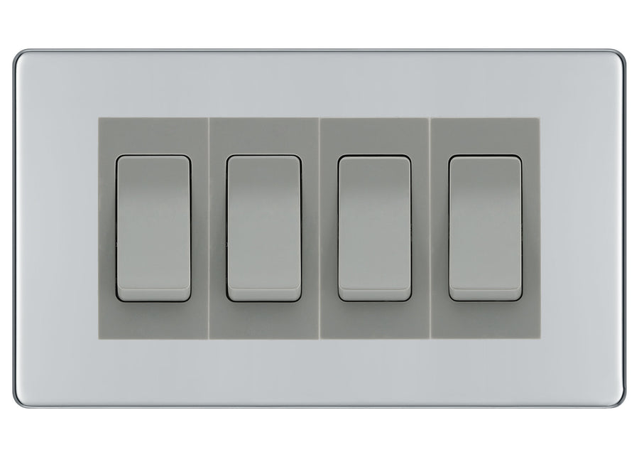 BG Electrical Screwless Polished Chrome 4-Gang Light Switch 1x 2-Way + 3x Intermediate – Grey Inserts