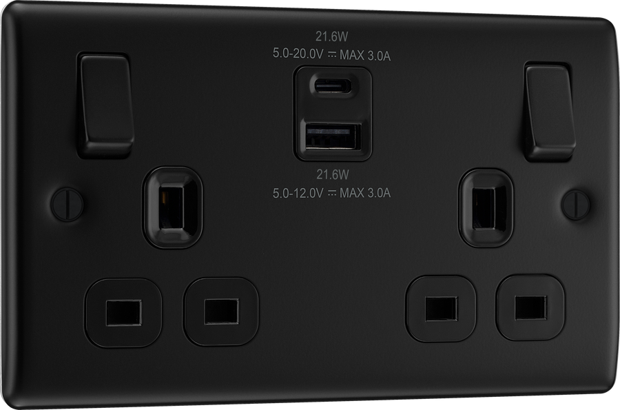 BG Nexus NFB22UAC22B 2 Gang Matt Black Switched Plug Socket 13A - With USB