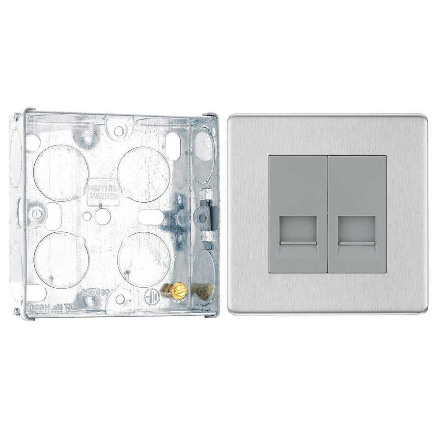 BG Screwless Brushed Steel Double Master Telephone Socket FBSBTM2 with 25mm Steel Back Box