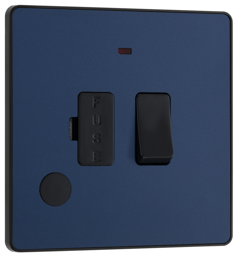 PCDDB52B Front -This Evolve Matt Blue 13A fused and switched connection unit from British General with power indicator provides an outlet from the mains containing the fuse, ideal for spur circuits and hardwired appliances.