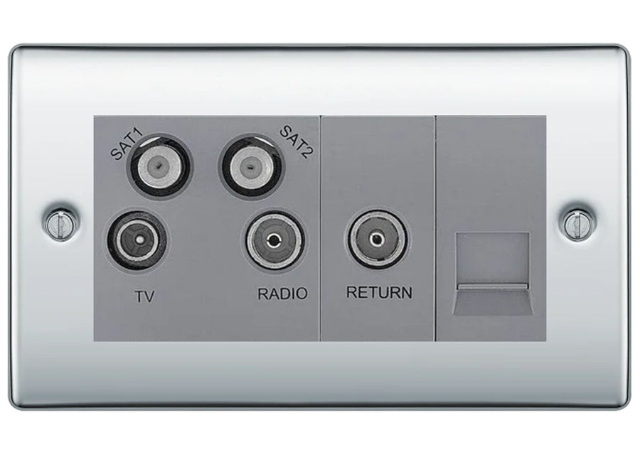 BG Nexus Metal Polished Chrome Quadplex Combination TV Socket NPC69G