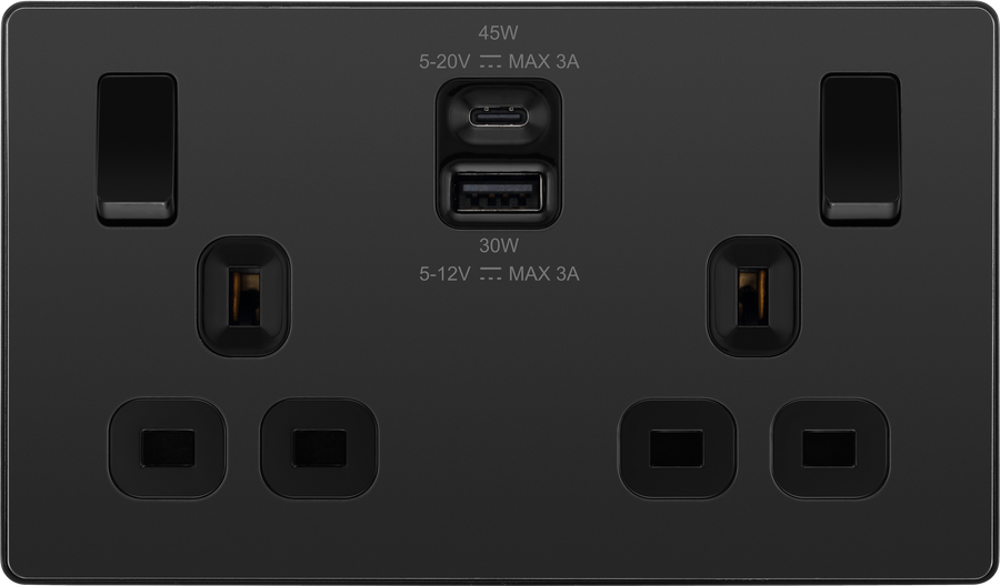 BG Evolve PCDBC22UAC45B 13A Double Switched Power Socket + USB A+C (45W) - Black Chrome