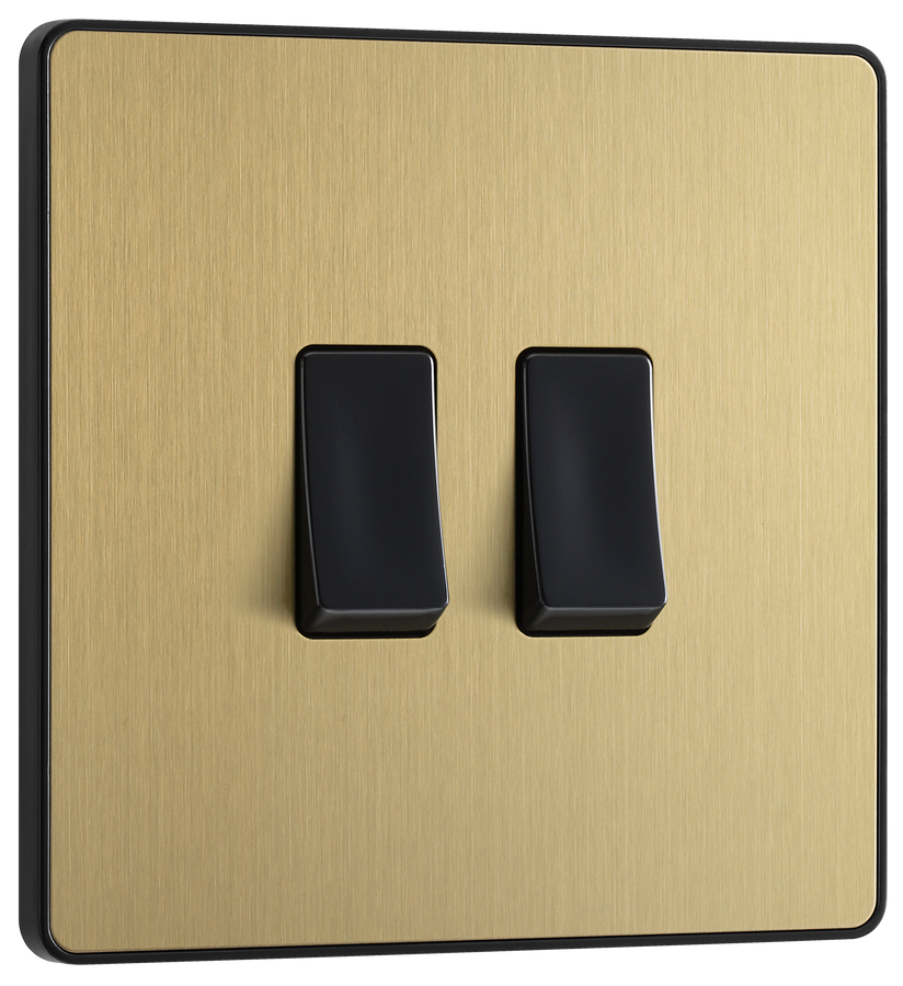 PCDSB42B Front -  This Evolve Satin Brass 20A 16AX double light switch from British General can operate 2 different lights, whilst the 2 way switching allows a second switch to be added to the circuit to operate the same light from another location (e.g. at the top and bottom of the stairs).