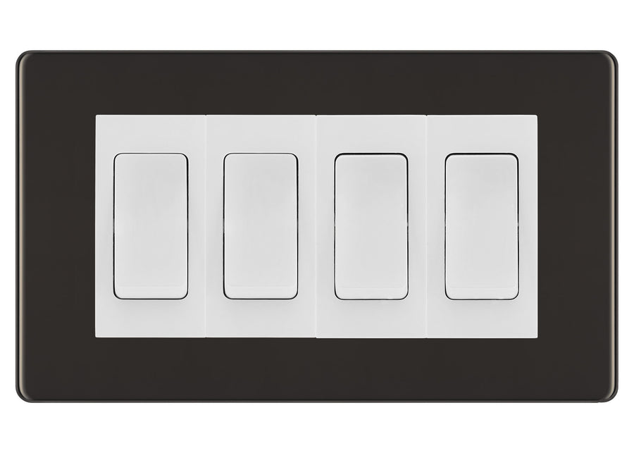 BG Black Nickel Screwless 4 Gang Intermediate Light Switch Custom Grid - White Insert