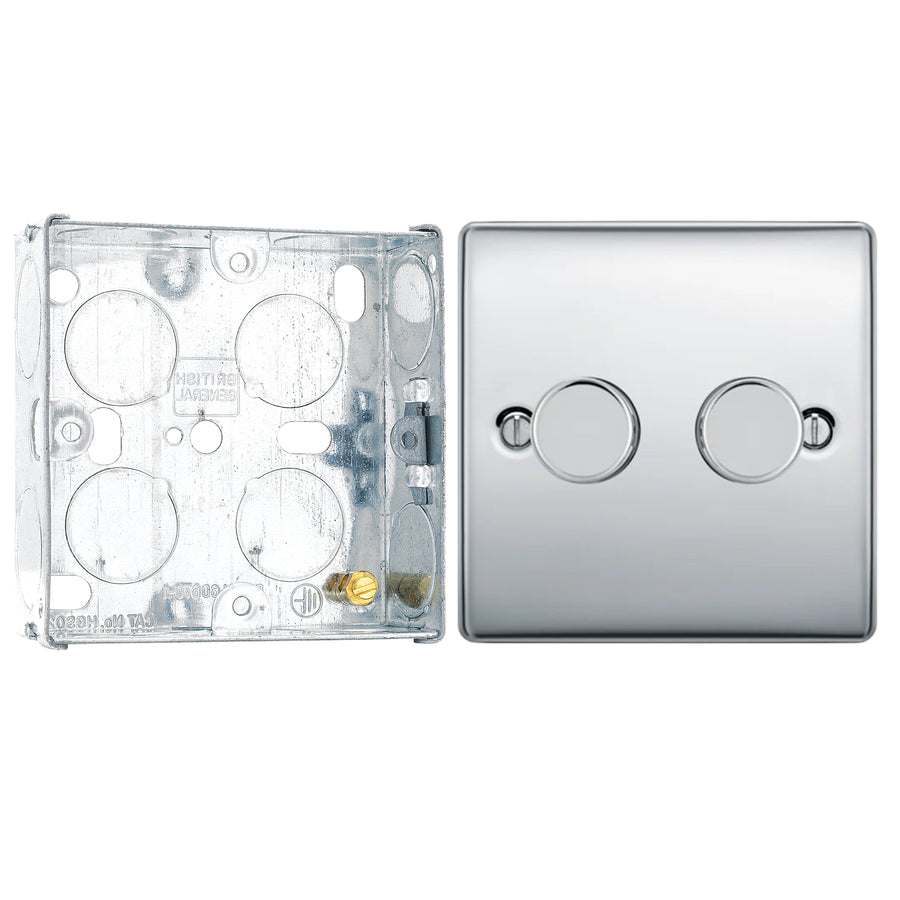 BG Nexus Polished Chrome 200W 2 Way Double Trailing Edge Dimmer Switch NPC82 with 25mm Steel Back Box