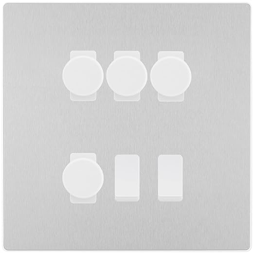 BG Evolve Brushed Steel 6 Gang Switch 4x Trailing Edge LED Dimmer, 1x Intermediate, 1x 2-Way Switch