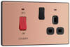 PCDCP70B Front - This Evolve Polished Copper 45A cooker control unit from British General includes a 13A socket for an additional appliance outlet, and has flush LED indicators above the socket and switch.