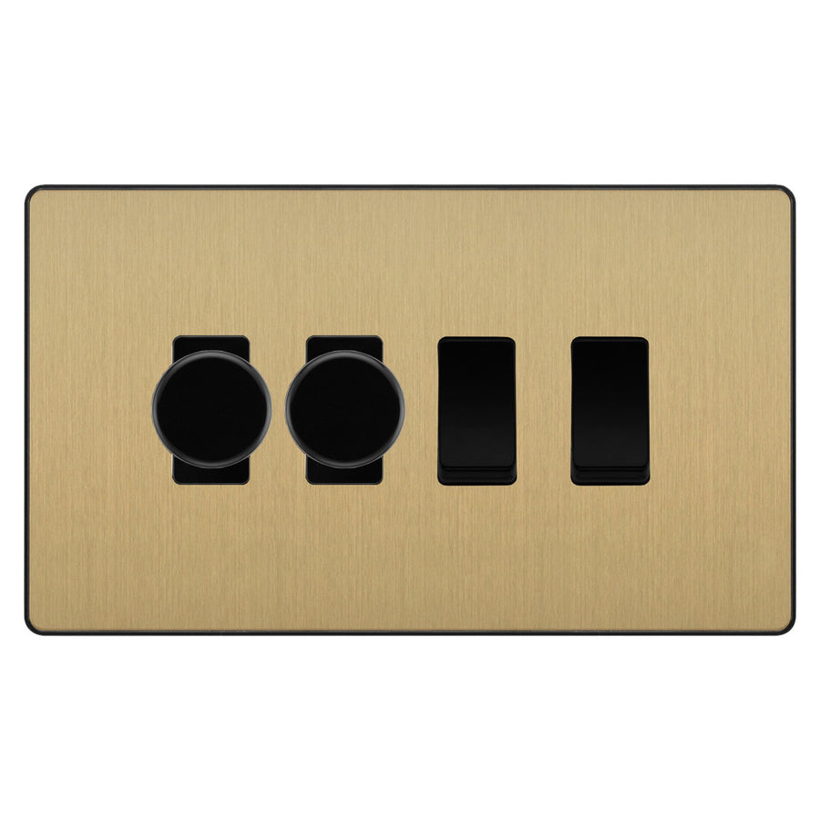 BG Evolve Satin Brass 4 Gang Light Switch 2x Trailing Edge LED Dimmer 2x 2 Way Custom Switch