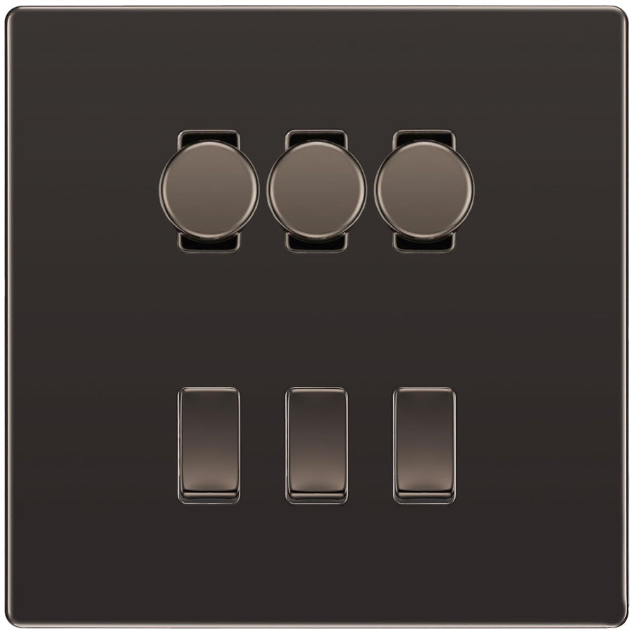 BG Screwless Black Nickel 6 Gang Switch 3x Trailing Edge LED Dimmer 3x 2Way Custom Switch