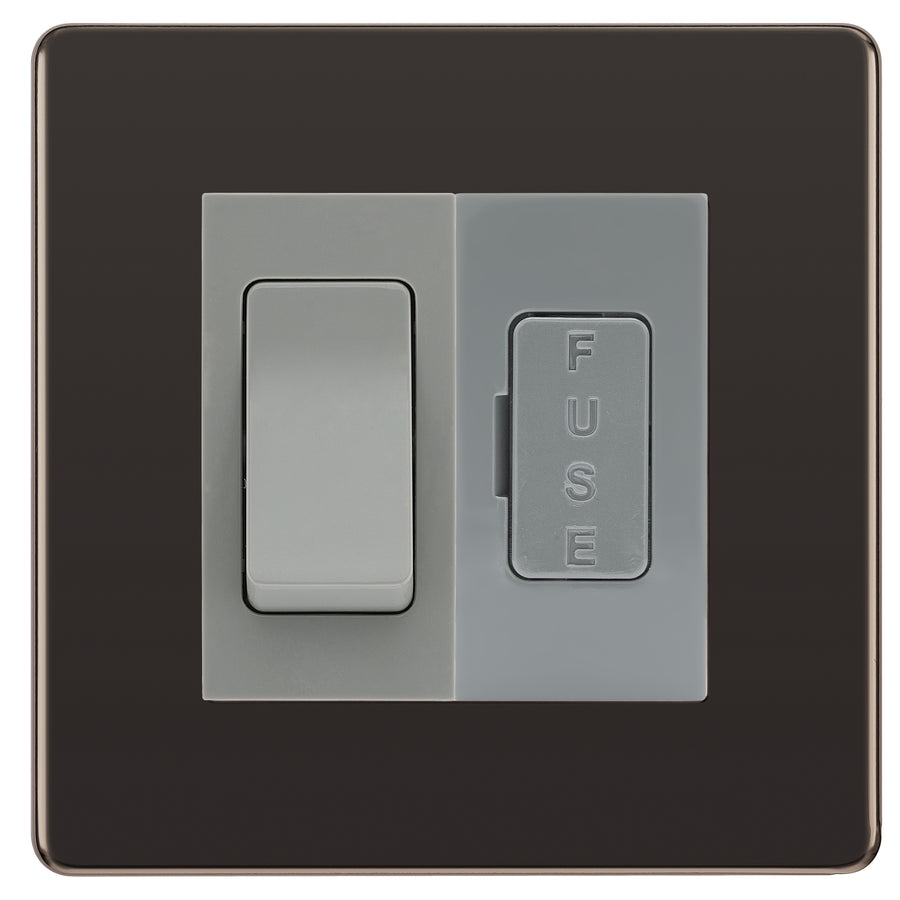 BG Flatplate Screwless Black Nickel 20A Double Pole Switch & 13A Fused Spur Plate | Grey Insert