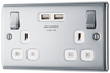 NPC22U3W Front - This 13A double power socket from British General comes with two USB charging ports, allowing you to plug in an electrical device and charge mobile devices simultaneously without having to sacrifice a power socket.