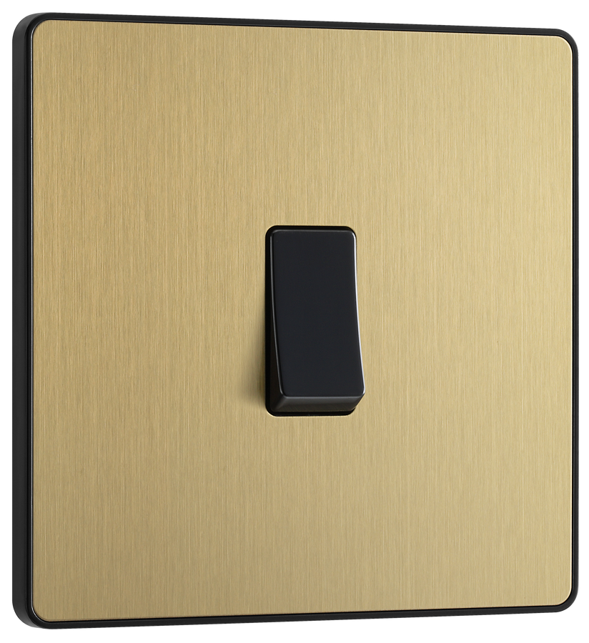 PCDSB13B Front - This Evolve Satin Brass 20A 16AX intermediate light switch from British General should be used as the middle switch when you need to operate one light from 3 different locations, such as either end of a hallway and at the top of the stairs. This switch has a low profile screwless flat plate that clips on and off, making it ideal for modern interiors.