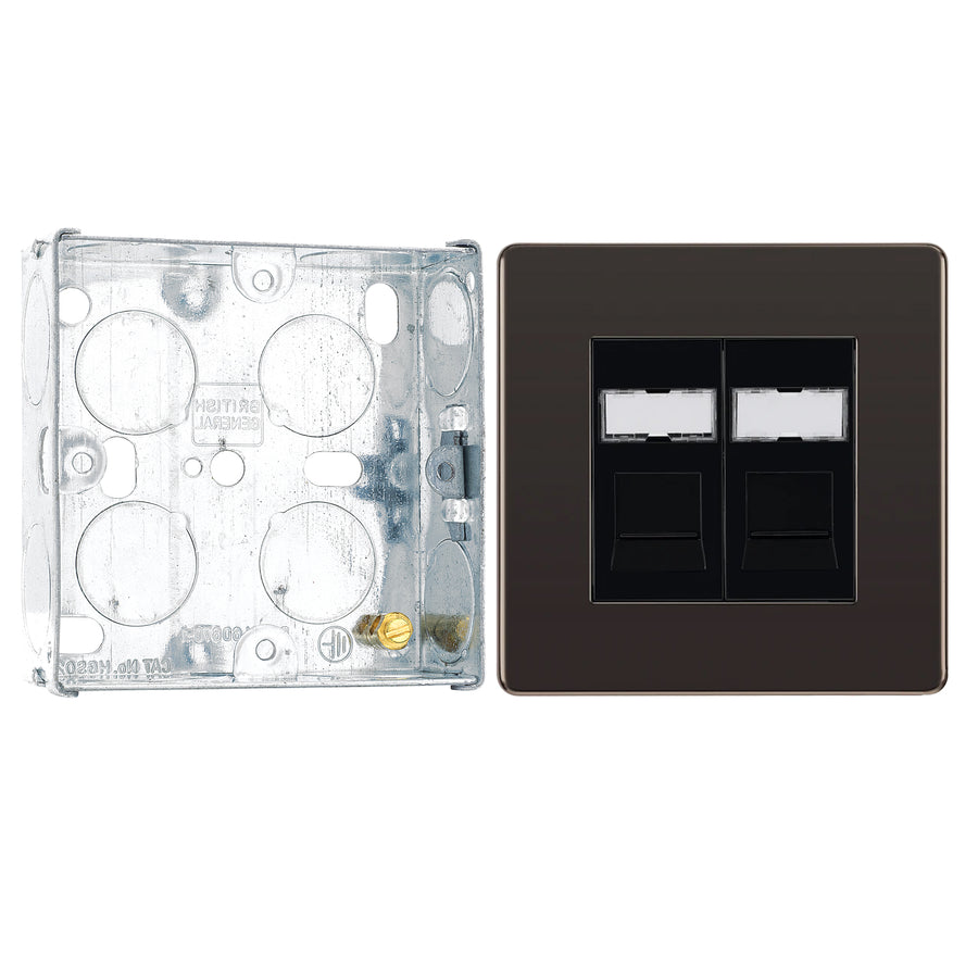 BG Screwless Black Nickel RJ45 Double Data Outlet Socket FBNRJ452 with 25mm Steel Back Box