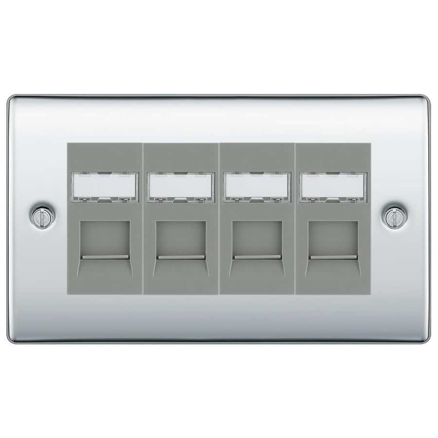BG Nexus Polished Chrome 4 Gang RJ45 Cat6 Data Socket Outlet Grey Inserts